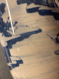 A Chinese blue and white rouleau vase with figures in a landscape, Kangxi