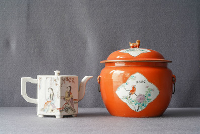 Two Chinese qianjiang cai bowls and a teapot and cover, 19/20th C.