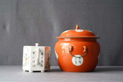 Two Chinese qianjiang cai bowls and a teapot and cover, 19/20th C.
