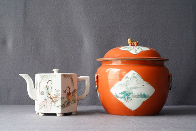 Two Chinese qianjiang cai bowls and a teapot and cover, 19/20th C.