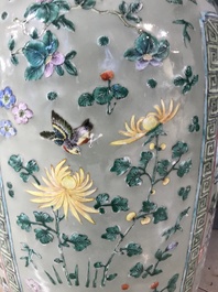 A pair of large Chinese famille verte celadon-ground vases with figural design, 19th C.