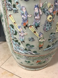A pair of large Chinese famille verte celadon-ground vases with figural design, 19th C.