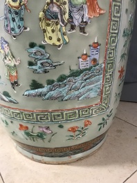 A pair of large Chinese famille verte celadon-ground vases with figural design, 19th C.