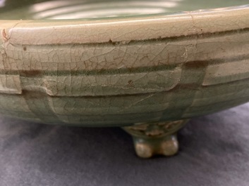 A large Chinese Longquan celadon tripod incense burner, Ming