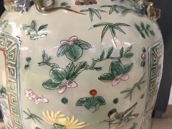 A pair of large Chinese famille verte celadon-ground vases with figural design, 19th C.