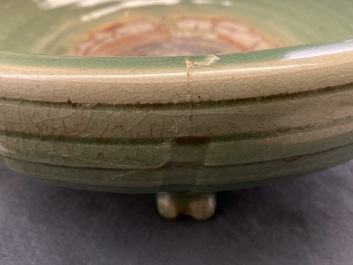 A large Chinese Longquan celadon tripod incense burner, Ming