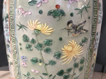A pair of large Chinese famille verte celadon-ground vases with figural design, 19th C.