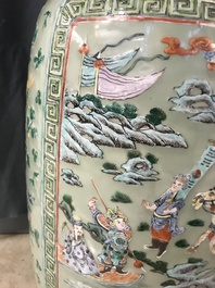 A pair of large Chinese famille verte celadon-ground vases with figural design, 19th C.
