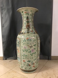 A pair of large Chinese famille verte celadon-ground vases with figural design, 19th C.