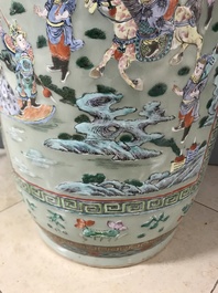 A pair of large Chinese famille verte celadon-ground vases with figural design, 19th C.