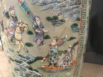 A pair of large Chinese famille verte celadon-ground vases with figural design, 19th C.