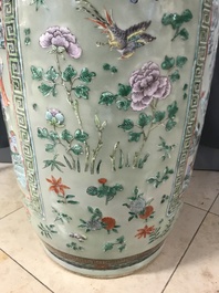 A pair of large Chinese famille verte celadon-ground vases with figural design, 19th C.