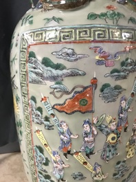 A pair of large Chinese famille verte celadon-ground vases with figural design, 19th C.