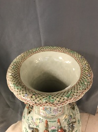 A pair of large Chinese famille verte celadon-ground vases with figural design, 19th C.