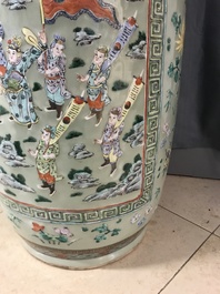 A pair of large Chinese famille verte celadon-ground vases with figural design, 19th C.
