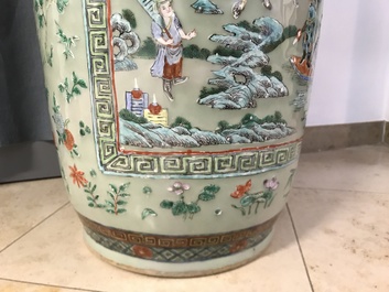 A pair of large Chinese famille verte celadon-ground vases with figural design, 19th C.