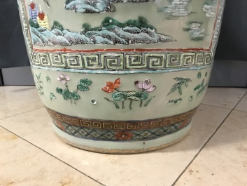 A pair of large Chinese famille verte celadon-ground vases with figural design, 19th C.
