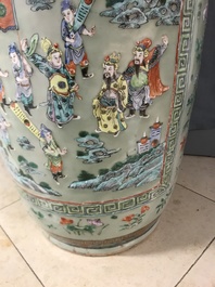 A pair of large Chinese famille verte celadon-ground vases with figural design, 19th C.