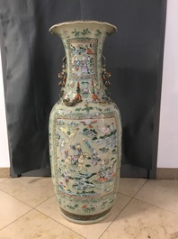 A pair of large Chinese famille verte celadon-ground vases with figural design, 19th C.