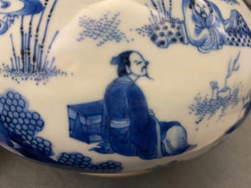 A Chinese blue and white bottle vase with figures in a landscape, Transitional period