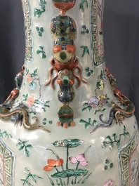 A pair of large Chinese famille verte celadon-ground vases with figural design, 19th C.