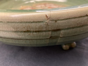 A large Chinese Longquan celadon tripod incense burner, Ming