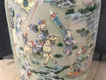 A pair of large Chinese famille verte celadon-ground vases with figural design, 19th C.