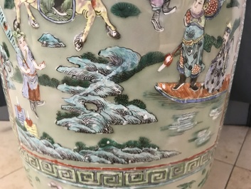 A pair of large Chinese famille verte celadon-ground vases with figural design, 19th C.