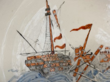 A rare Chinese verte-Imari bowl with a wrecked threemaster, Qianlong