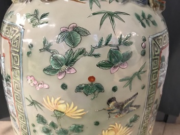 A pair of large Chinese famille verte celadon-ground vases with figural design, 19th C.