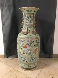 A pair of large Chinese famille verte celadon-ground vases with figural design, 19th C.