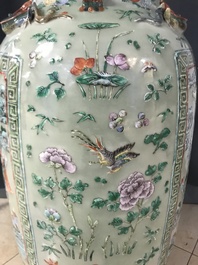 A pair of large Chinese famille verte celadon-ground vases with figural design, 19th C.