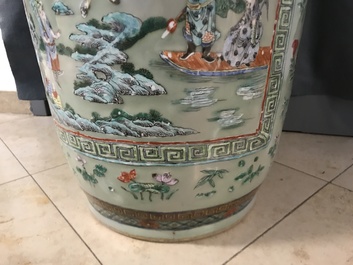 A pair of large Chinese famille verte celadon-ground vases with figural design, 19th C.