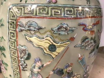 A pair of large Chinese famille verte celadon-ground vases with figural design, 19th C.