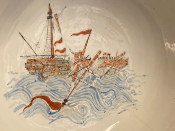 A rare Chinese verte-Imari bowl with a wrecked threemaster, Qianlong