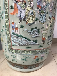 A pair of large Chinese famille verte celadon-ground vases with figural design, 19th C.