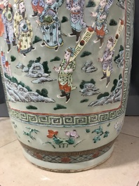 A pair of large Chinese famille verte celadon-ground vases with figural design, 19th C.
