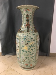 A pair of large Chinese famille verte celadon-ground vases with figural design, 19th C.