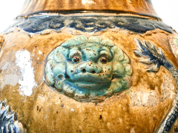 A large Chinese polychrome stoneware martaban jar and cover, Ming/Qing