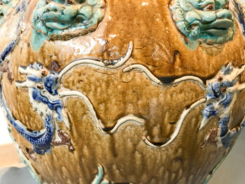 A large Chinese polychrome stoneware martaban jar and cover, Ming/Qing
