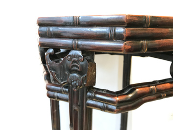 A Chinese huali wooden stand with famille rose plaque, Jiaqing