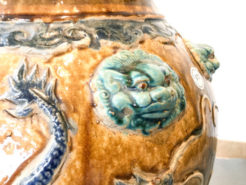 A large Chinese polychrome stoneware martaban jar and cover, Ming/Qing