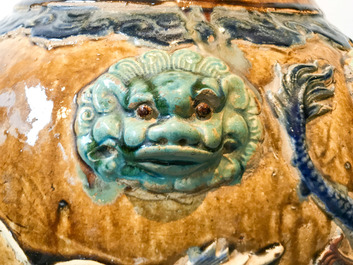 A large Chinese polychrome stoneware martaban jar and cover, Ming/Qing