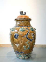 A large Chinese polychrome stoneware martaban jar and cover, Ming/Qing