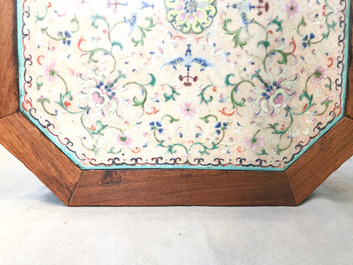 A Chinese huali wooden stand with famille rose plaque, Jiaqing