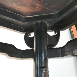 A Chinese huali wooden stand with famille rose plaque, Jiaqing