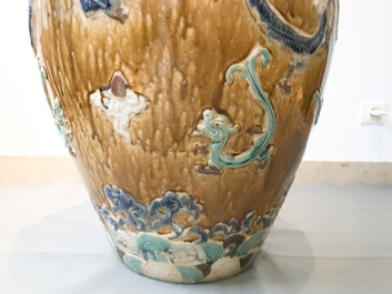 A large Chinese polychrome stoneware martaban jar and cover, Ming/Qing