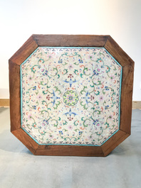 A Chinese huali wooden stand with famille rose plaque, Jiaqing