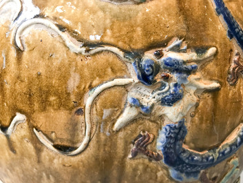 A large Chinese polychrome stoneware martaban jar and cover, Ming/Qing