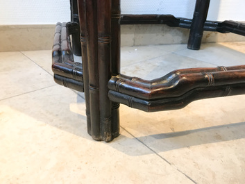 A Chinese huali wooden stand with famille rose plaque, Jiaqing